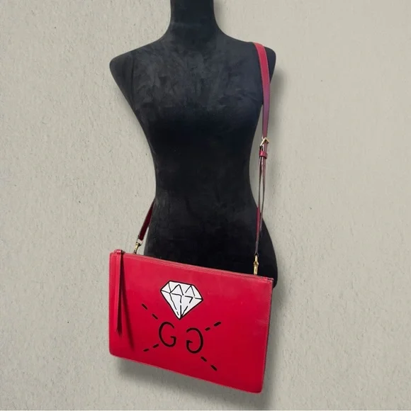 Gucci x GucciGhost Red Leather Diamond GG Large Messenger Bag Pouch 429004 - Picture 7 of 7